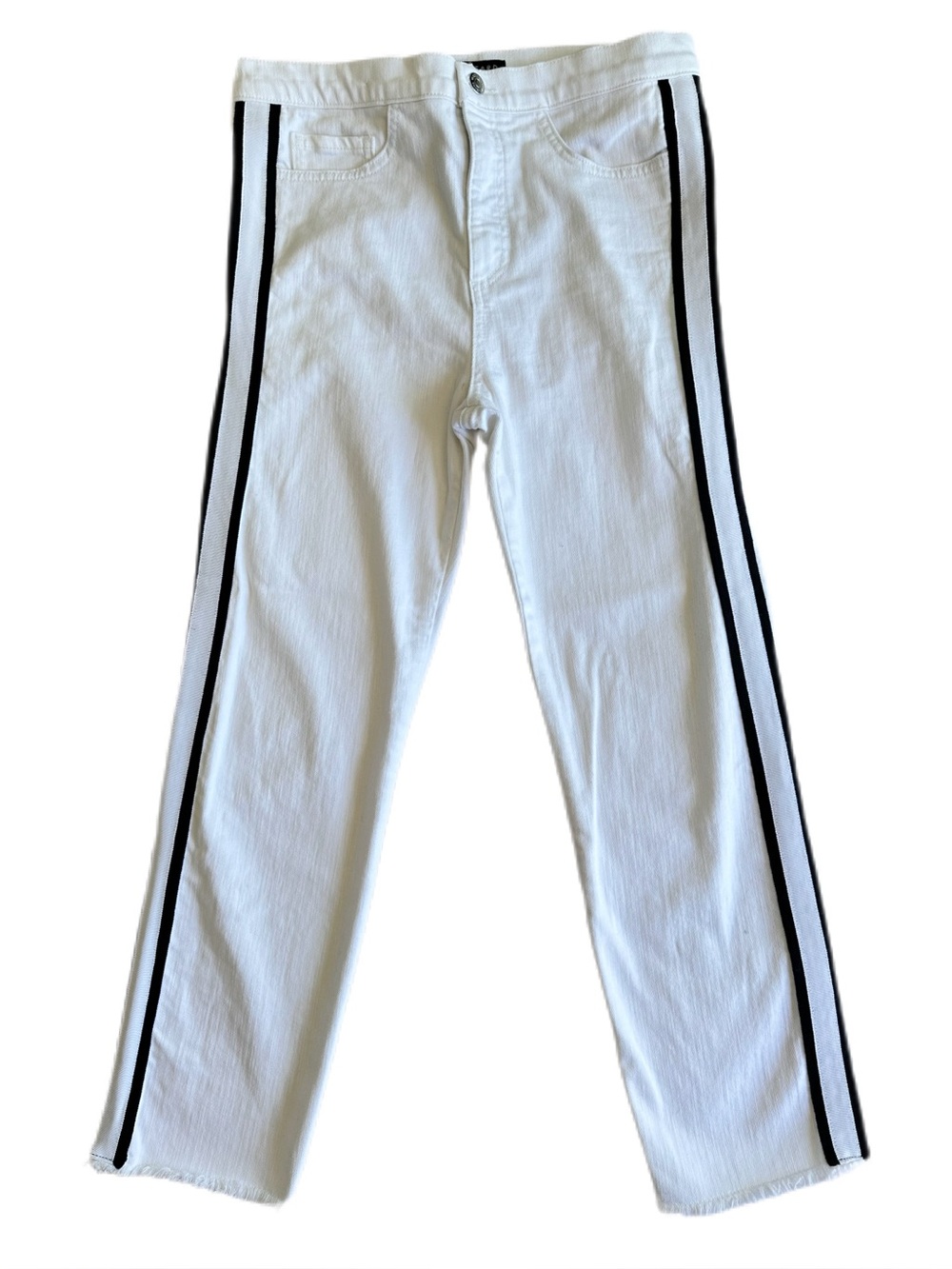 Veronica Beard Carolyn Baby Boot Jeans White Tuxedo Stripe Raw Hem Size 28